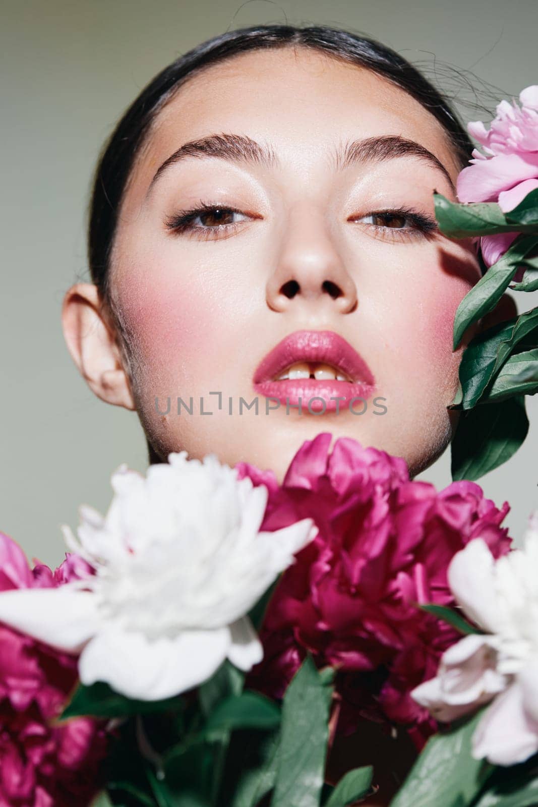 woman blush pink face style bouquet skin cosmetic flower make-up model romantic girl portrait lip closeup cosmetology beauty femininity young makeup