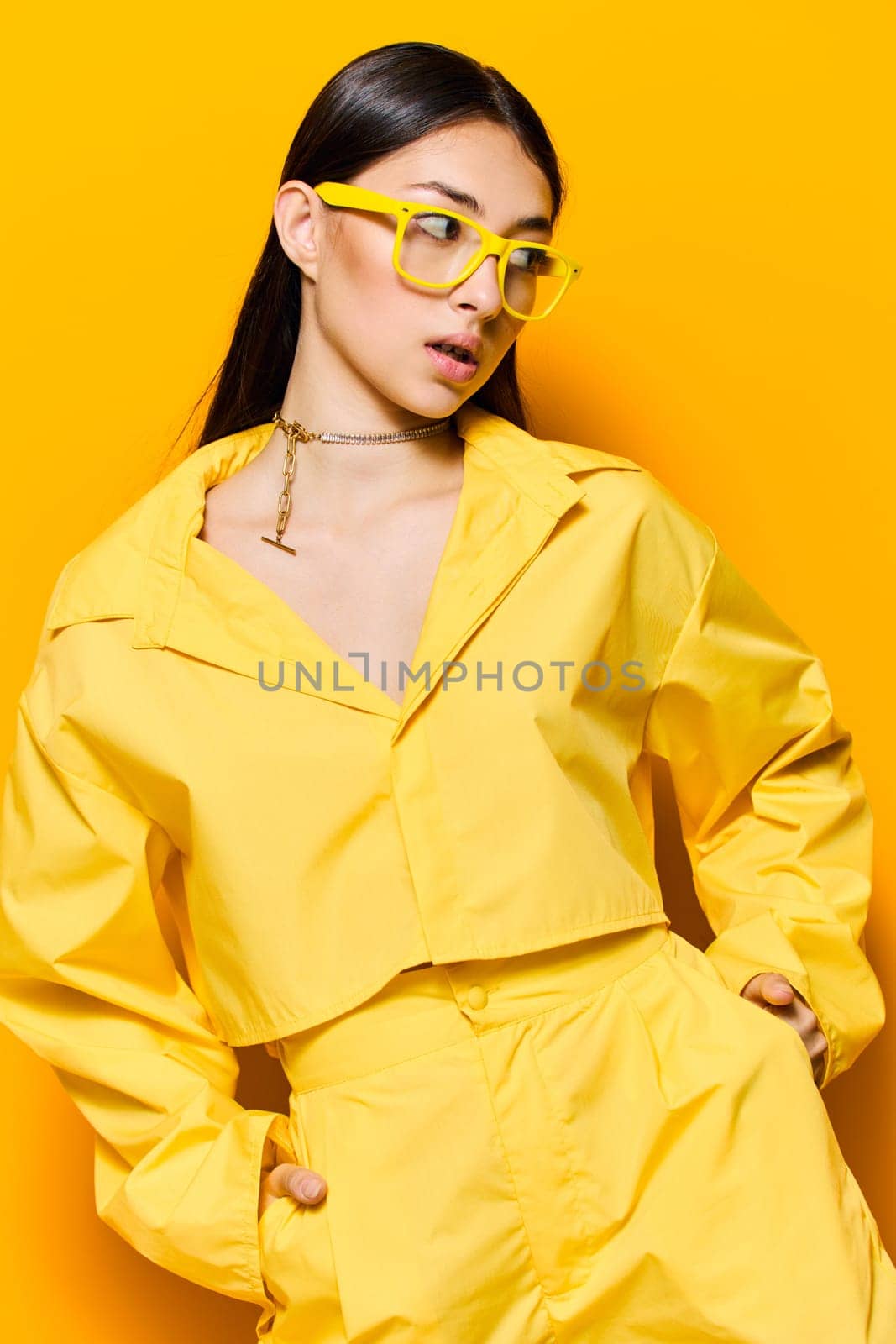 monochrome woman style hair gesture yellow lady model girl lifestyle happy attractive trendy glamour positive beautiful glasses long fashion young expression outfit