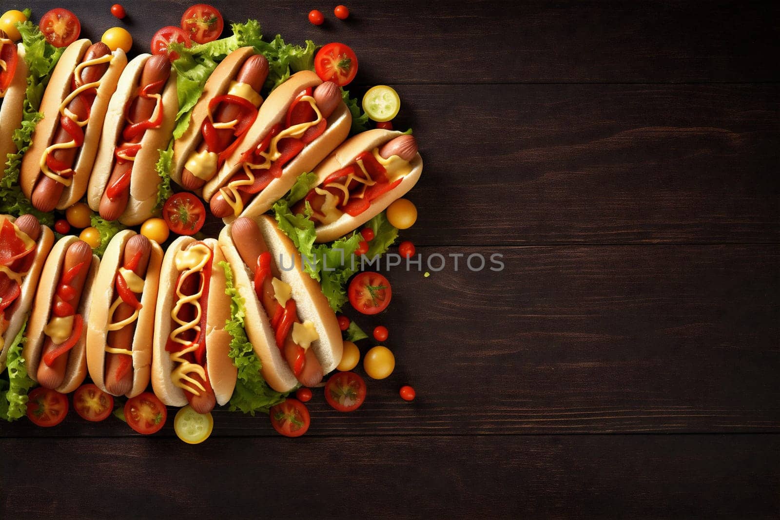 dog american sauce meat fast sausage hot bread red background food. Generative AI. by SHOTPRIME