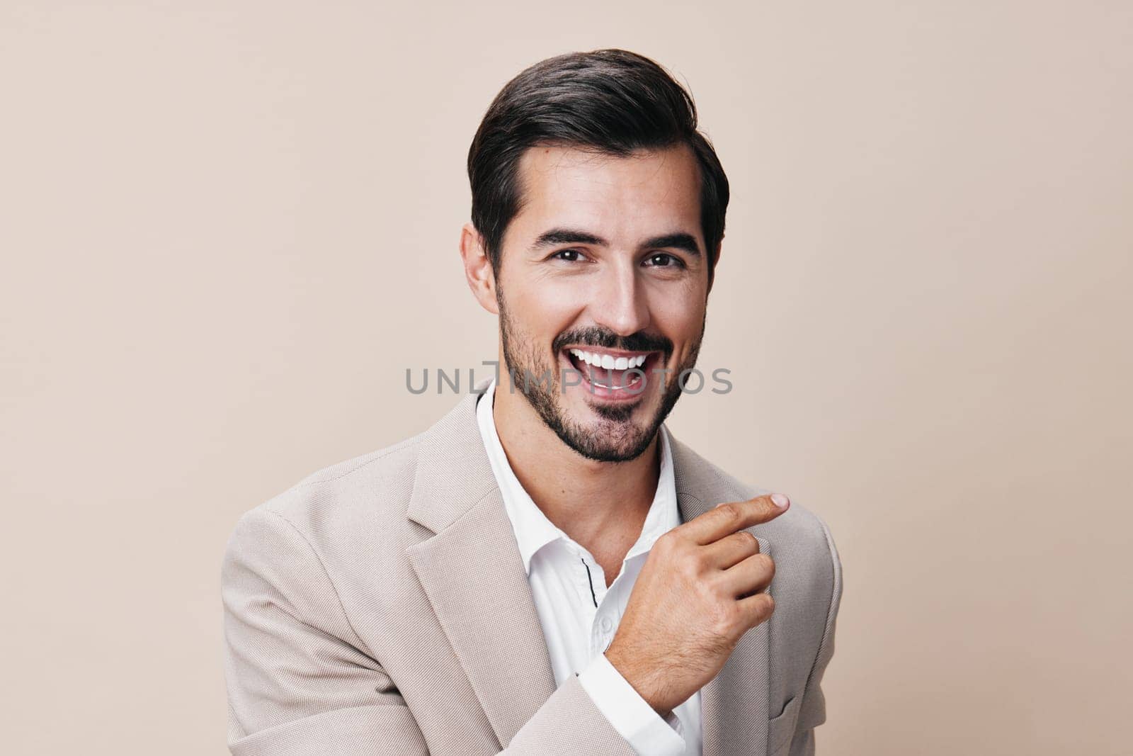 man suit professional winner victory beige businessman background happy hand arm business by SHOTPRIME