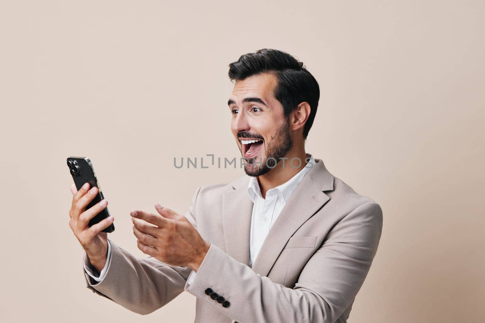 man phone space smartphone happy suit hold smile business copy call portrait by SHOTPRIME