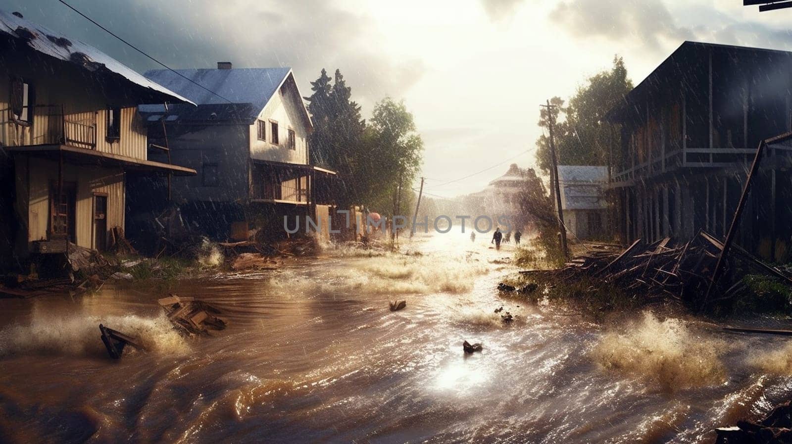 flood flood the river overflowed its banks. Natural disaster houses flooded with water. AI Generative by lucia_fox