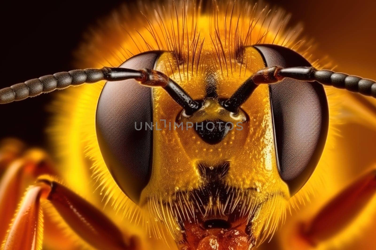 Close-up of a bee's head. Macro photography. Generative AI