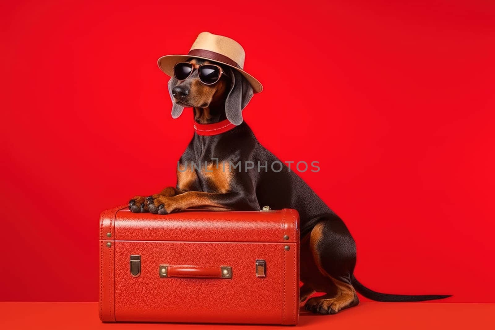 Doberman breed dog, in sunglasses, in a hat, on a red background in the studio, next to suitcases for vacation, summer travel concept. Generative AI.