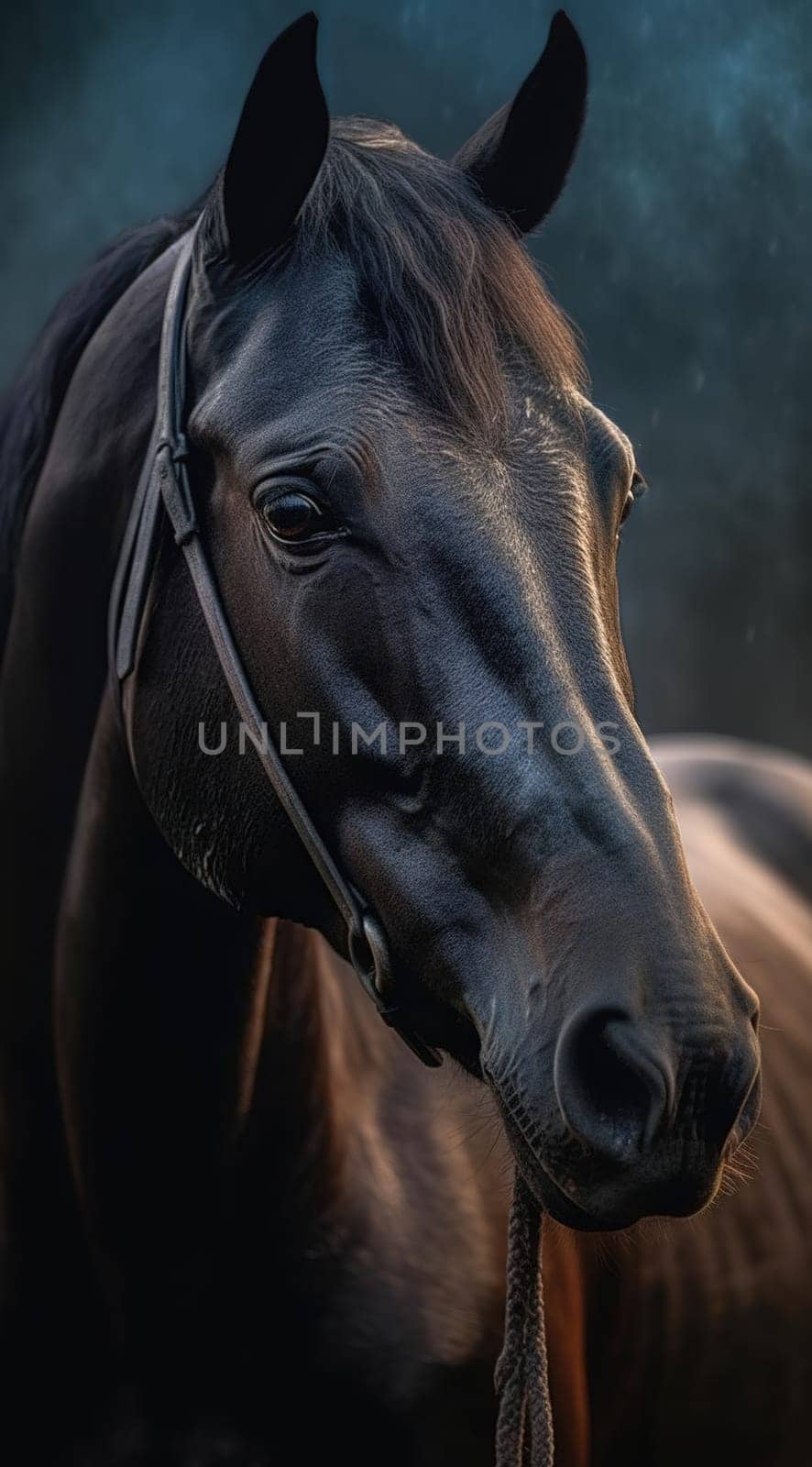 Portrait of a black horse, close-up. vertically. Generative AI
