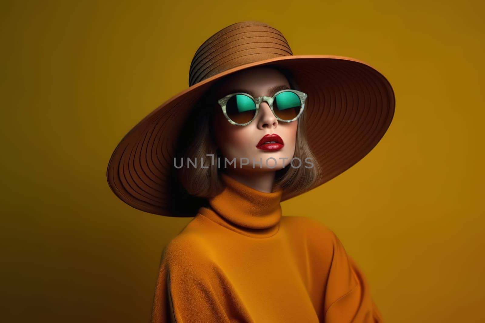 Portrait of a beautiful woman in glasses and a wide-brimmed hat. Studio photography. Generative AI.