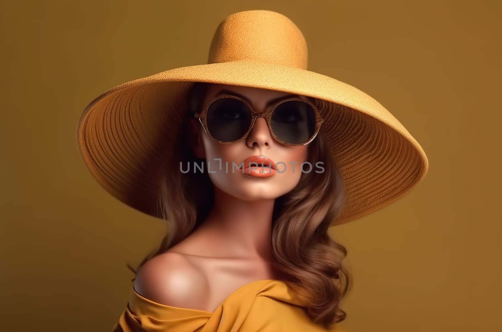 Portrait of a beautiful woman in glasses and a wide-brimmed hat. Studio photography. Generative AI.