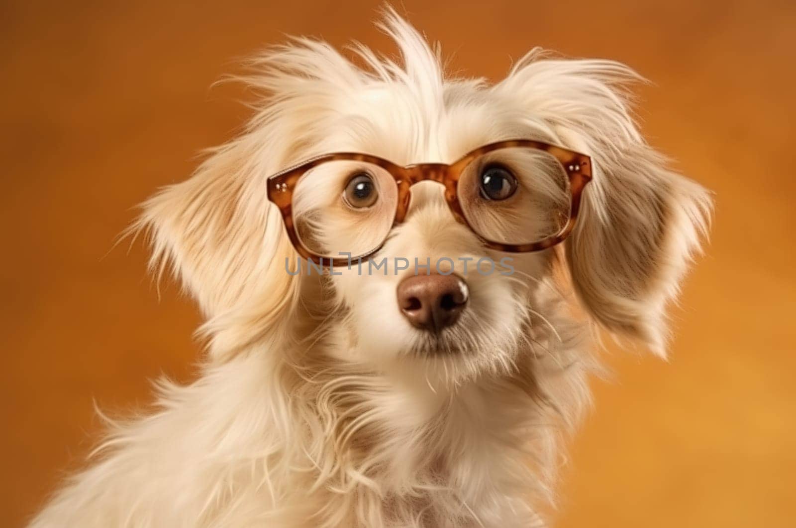 Portrait of a stylish dog in glasses close-up. Generative AI.