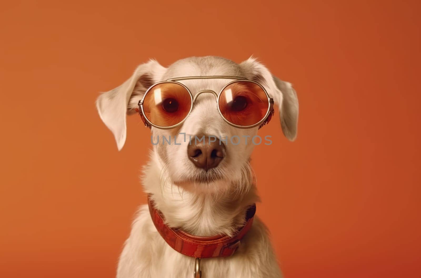 Portrait of a stylish dog in glasses close-up. Generative AI.
