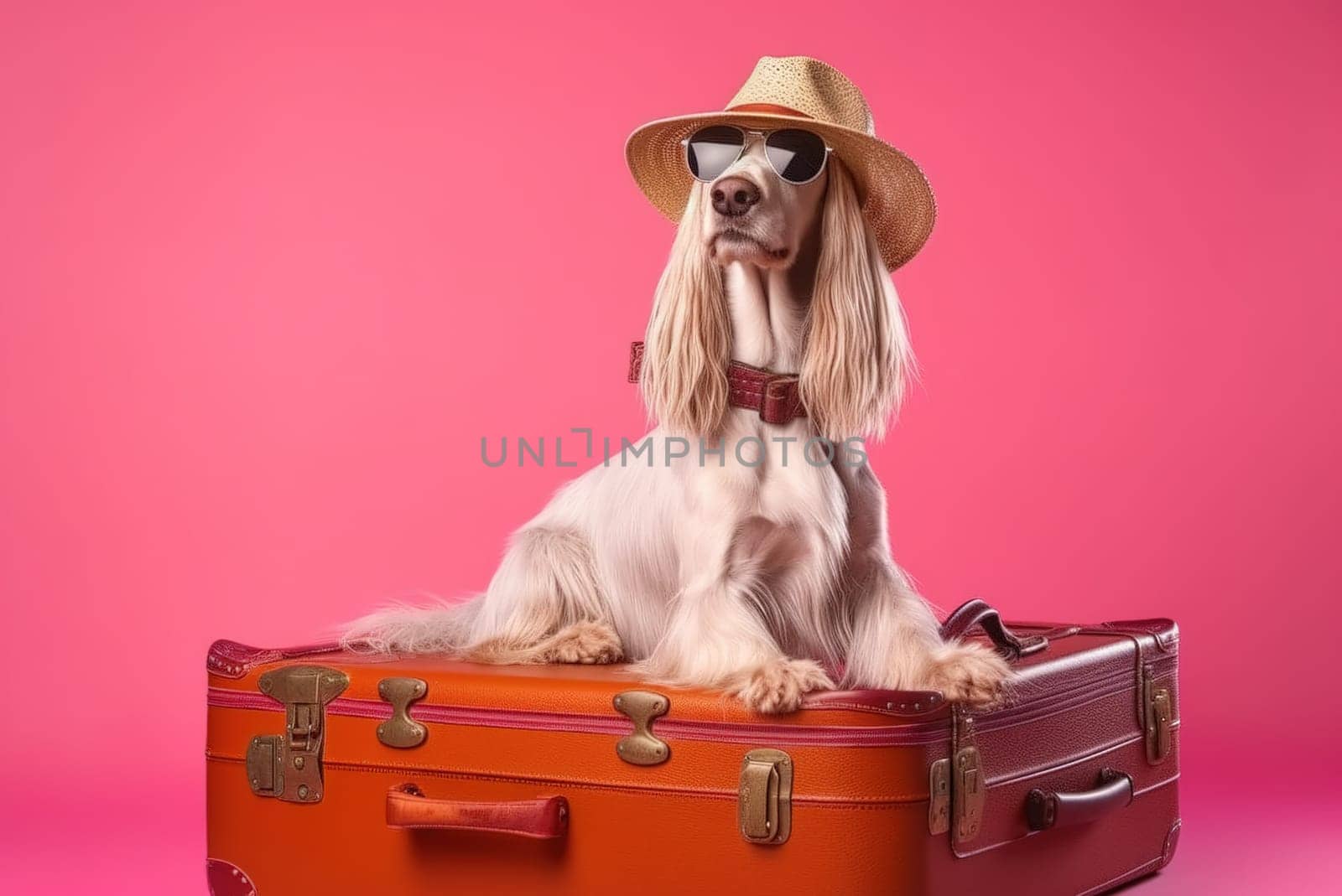 Afghan hound breed dog, wearing sunglasses, wearing a hat, with suitcases for vacation, summer travel concept. Generative AI.
