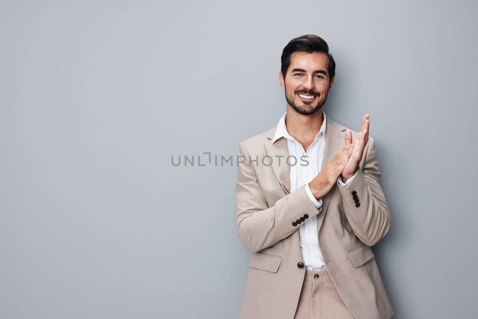 man handsome businessman successful office smile occupation male beige copyspace happy attractive grey folded crossed smiling portrait business guy formal suit