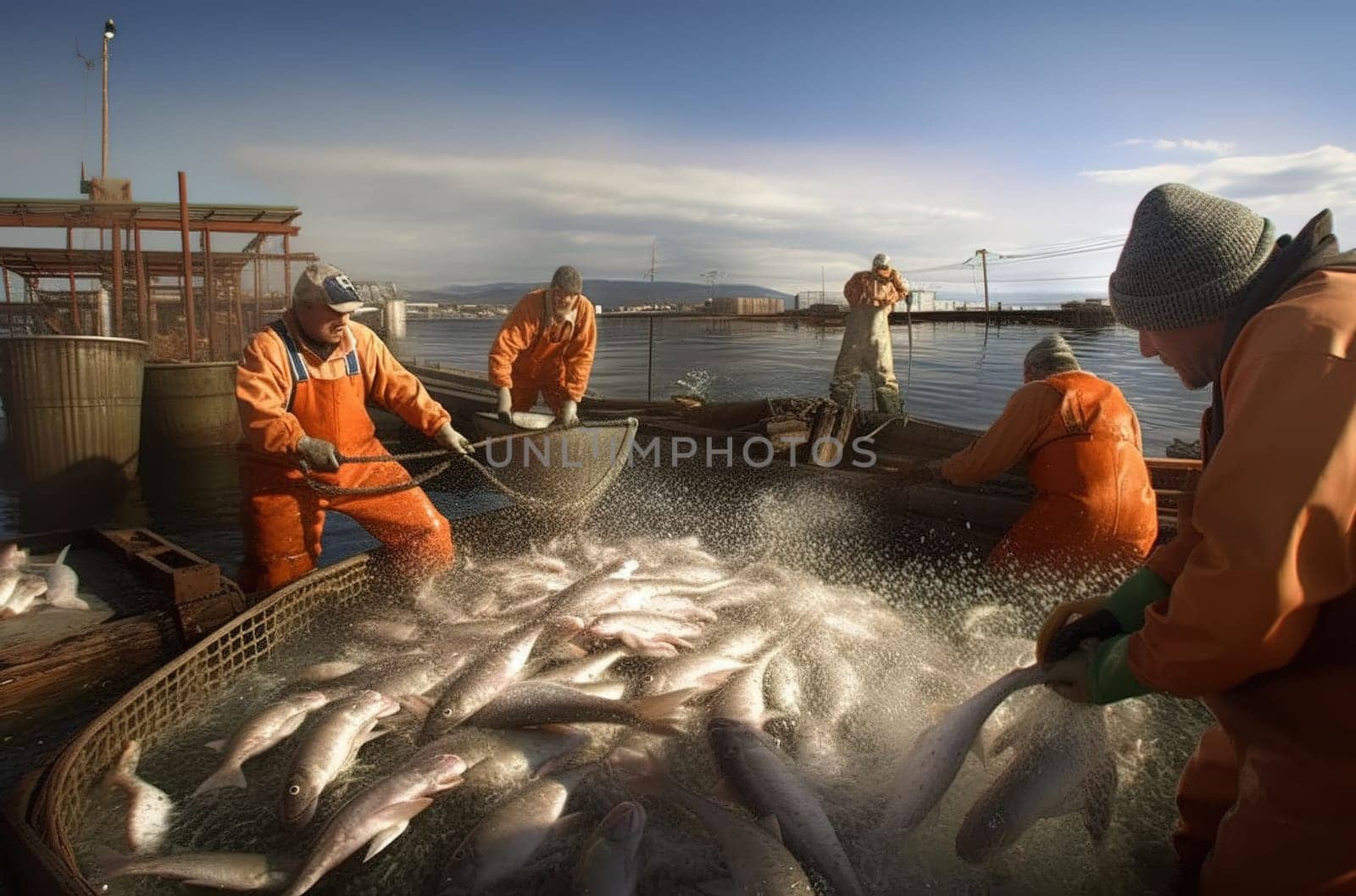 The fishermen pull the fish out of the nets. Industrial fishing. Generative AI. by Yurich32