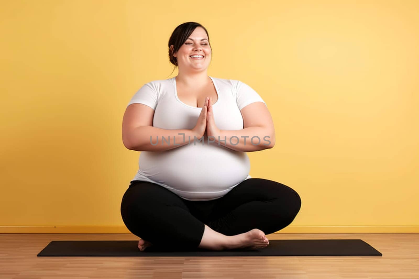 A fat woman is doing yoga in the studio. Generative AI by Yurich32