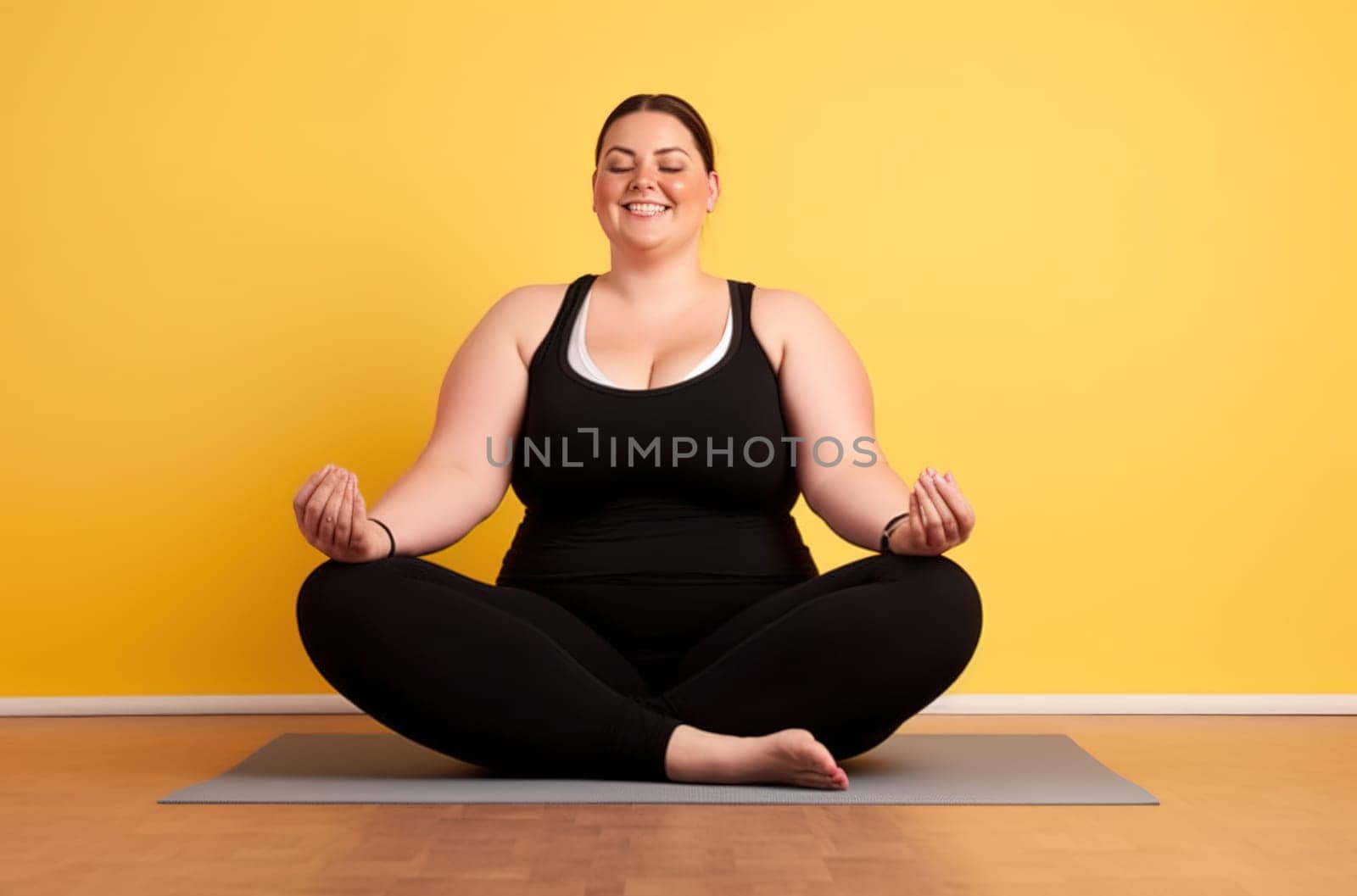 A fat woman is doing yoga in the studio. Generative AI by Yurich32