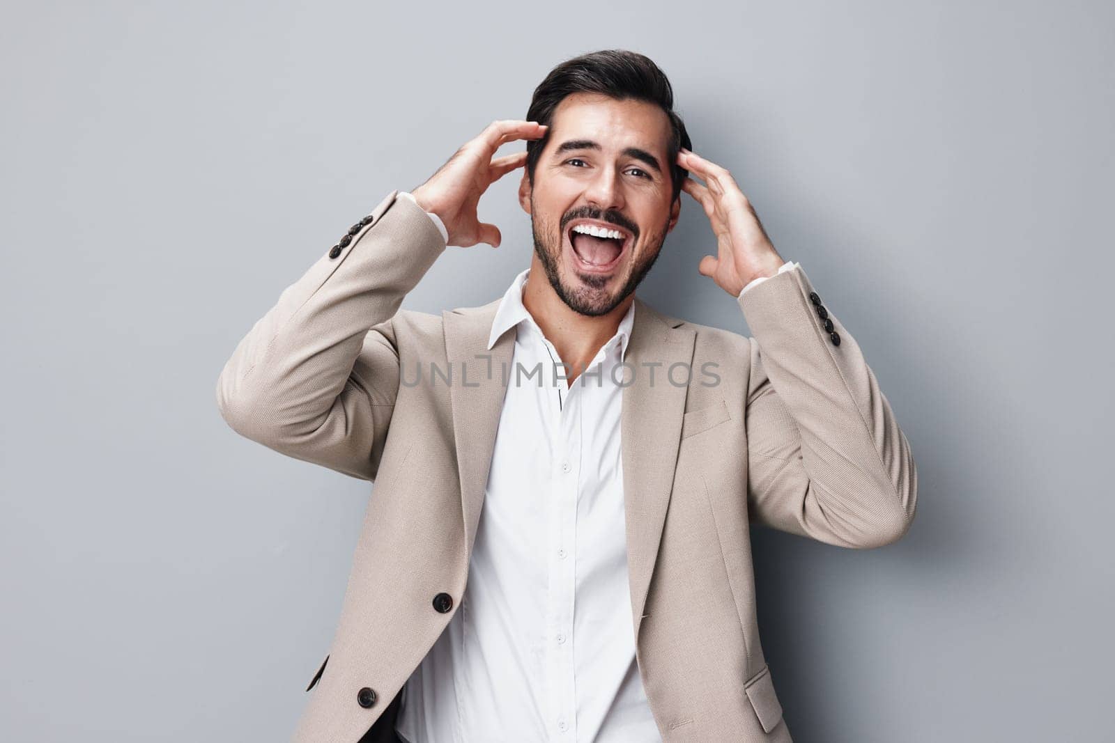 beige man tie isolated happy sexy background handsome office young male businessman smiling suit posing copyspace studio portrait business shirt model