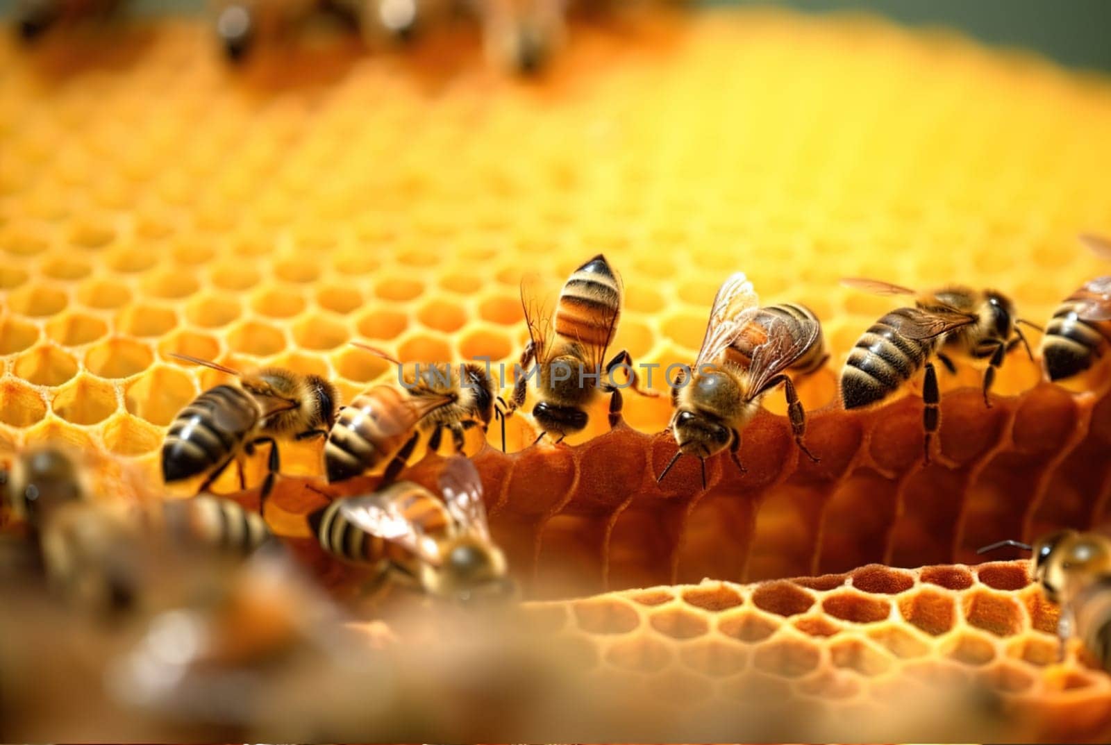 A family of bees collects honey in honeycombs. Generative AI