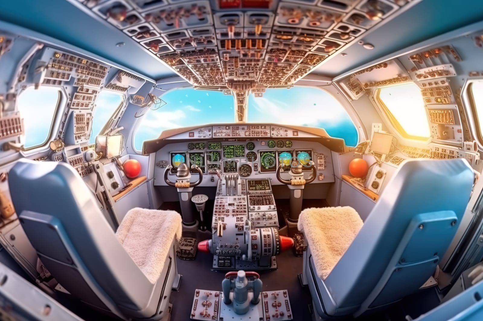 The cockpit of the aircraft pilot with the control panel. Generative AI. High quality illustration