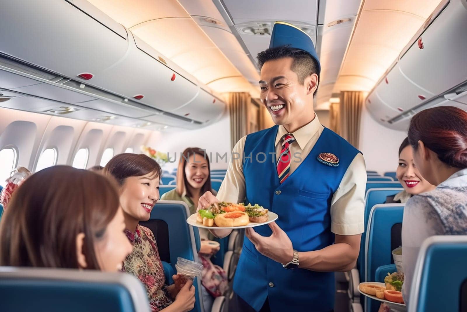 A Chinese steward with a smile serves food on the plane to customers. Generative AI. High quality illustration