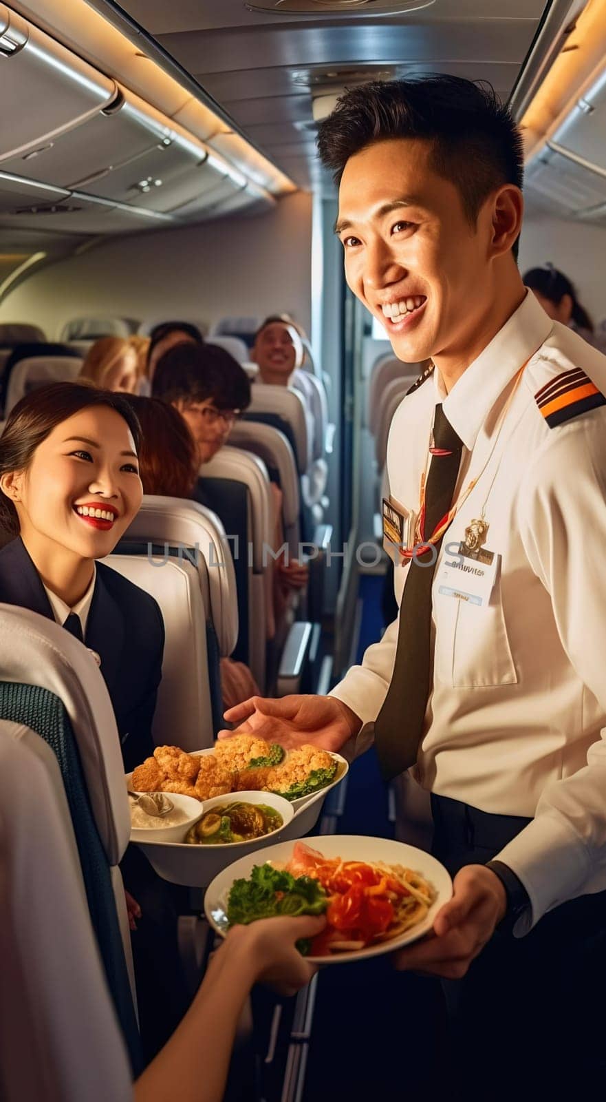 A Chinese steward with a smile serves food on the plane to customers. Generative AI by Yurich32