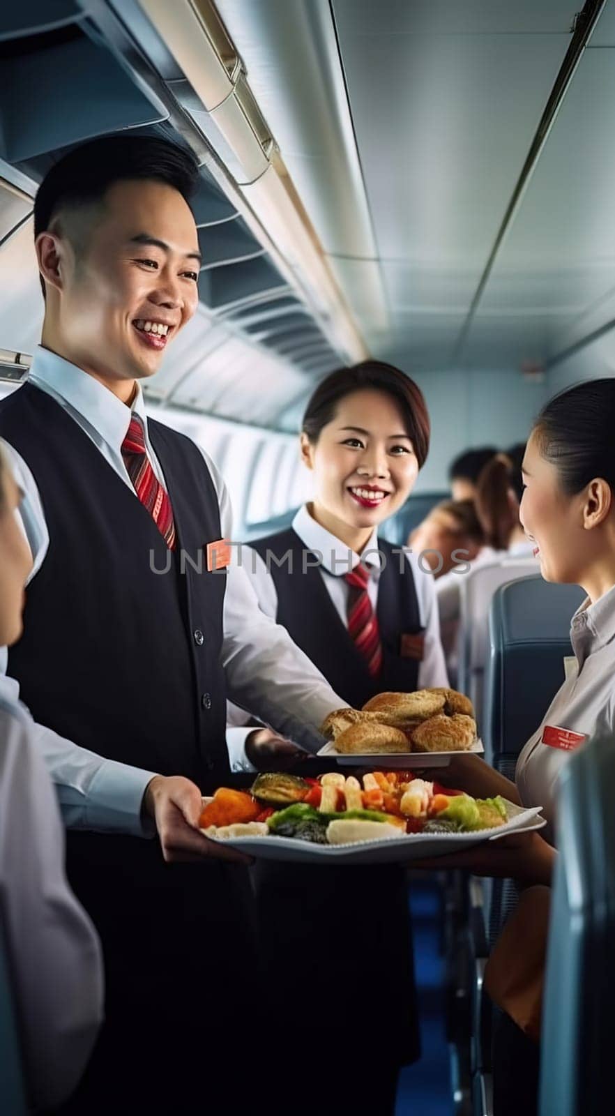 A Chinese steward with a smile serves food on the plane to customers. Generative AI by Yurich32