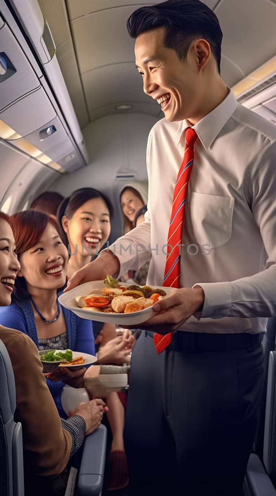 A Chinese steward with a smile serves food on the plane to customers. Generative AI by Yurich32