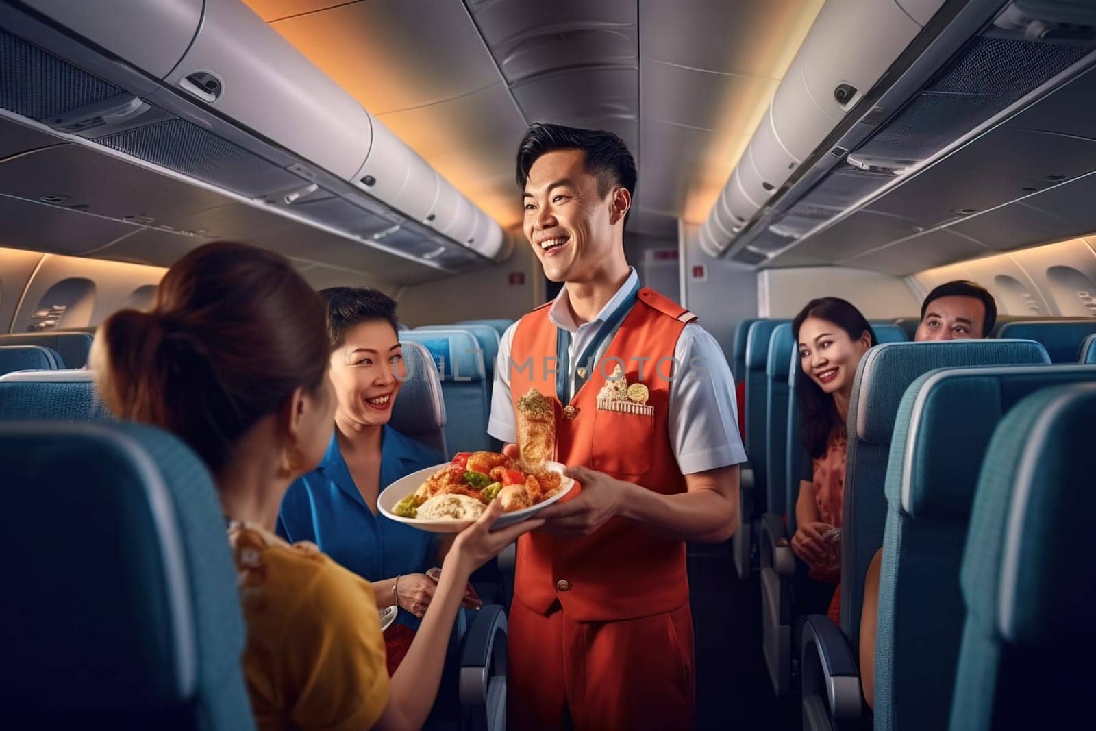 A Chinese steward with a smile serves food on the plane to customers. Generative AI. High quality illustration