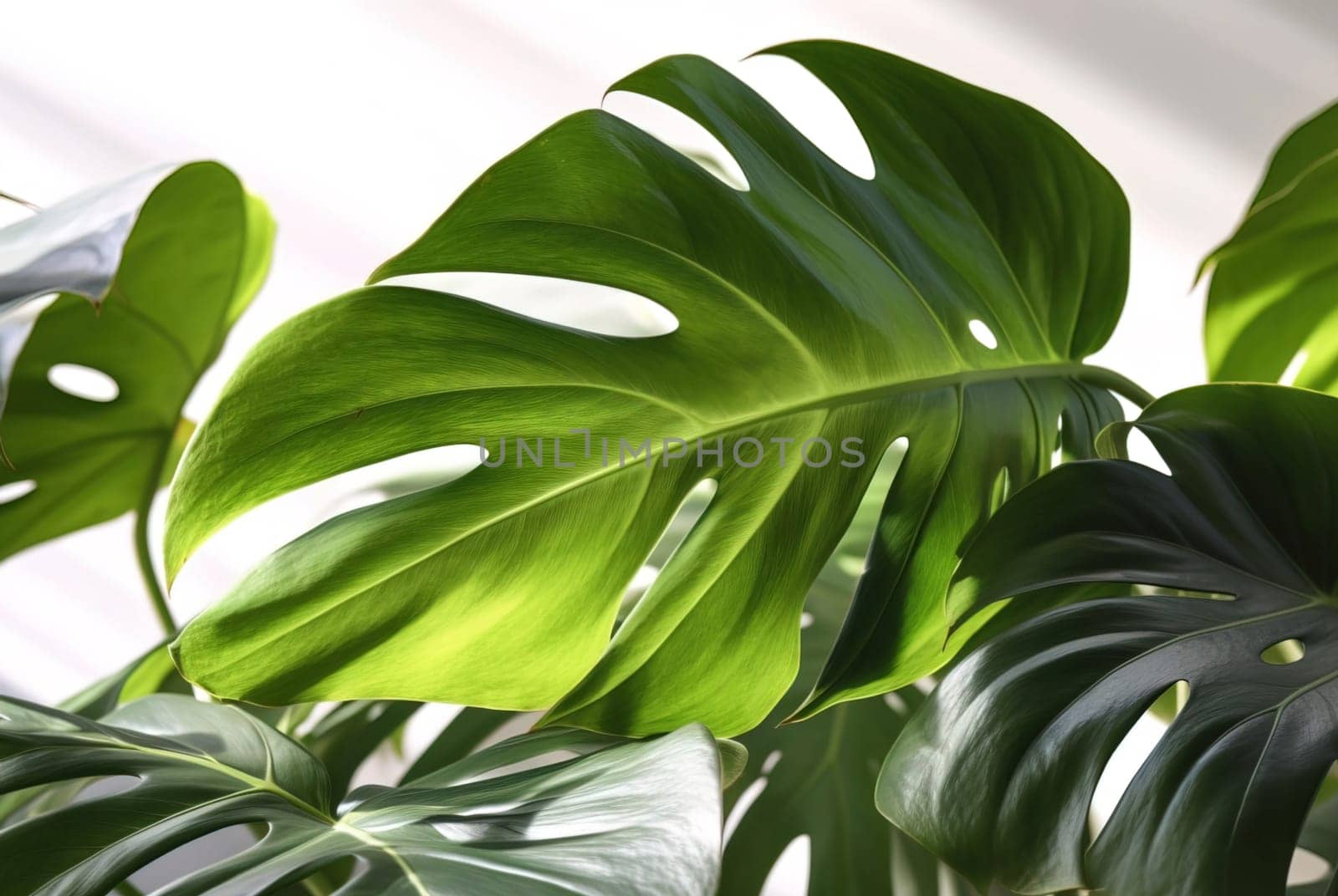 Monstera leaves close up. Generative AI. High quality illustration