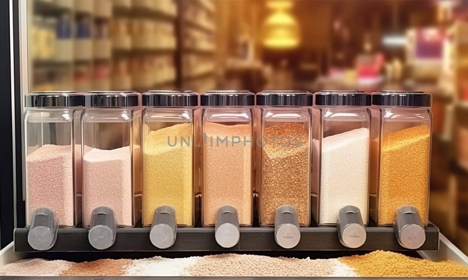 Cereals, rice, sugar, buckwheat, in glass containers on the counter in the store. Generative AI. High quality illustration