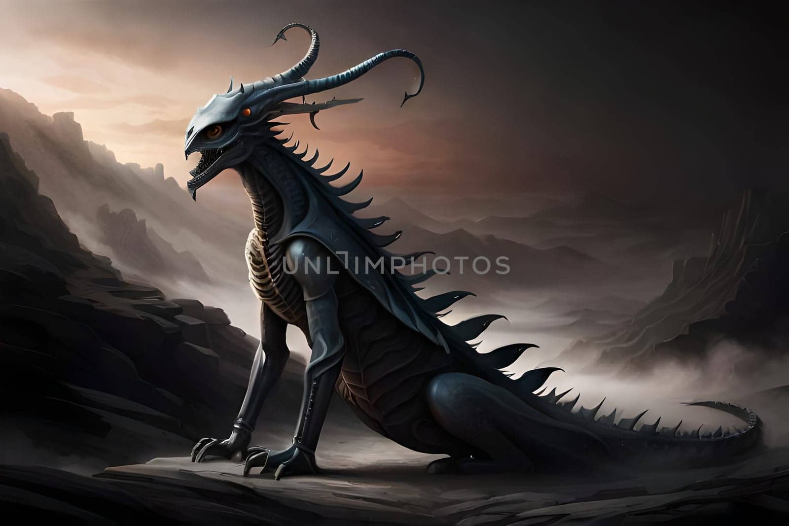 Fantasy evil dragon portrait. Surreal artwork of danger dragon from medieval mythology by milastokerpro