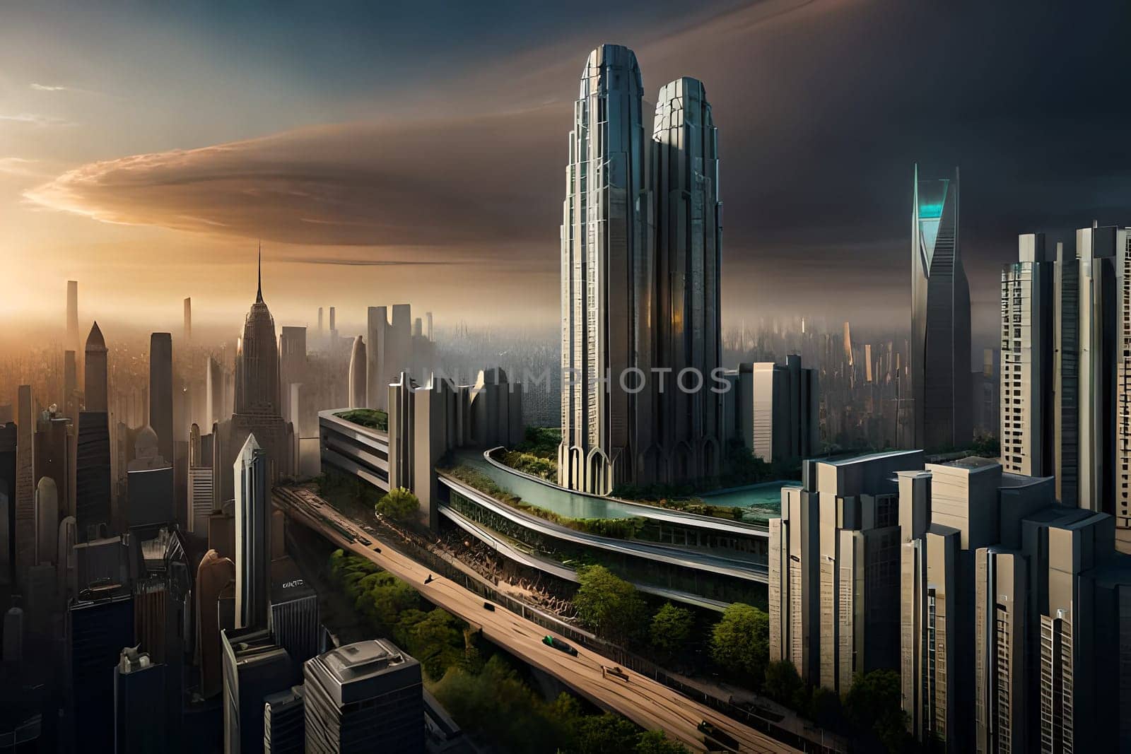 futuristic rendering city megacity cyberpunk scifi 3D illustration. High quality photo