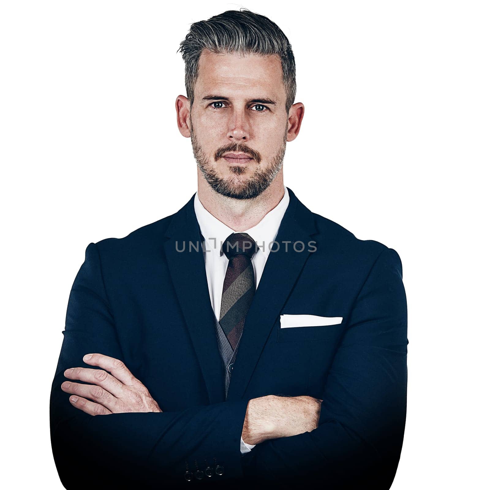 Driven and determined to succeed. Studio portrait of a confident businessman posing against a white background. by YuriArcurs
