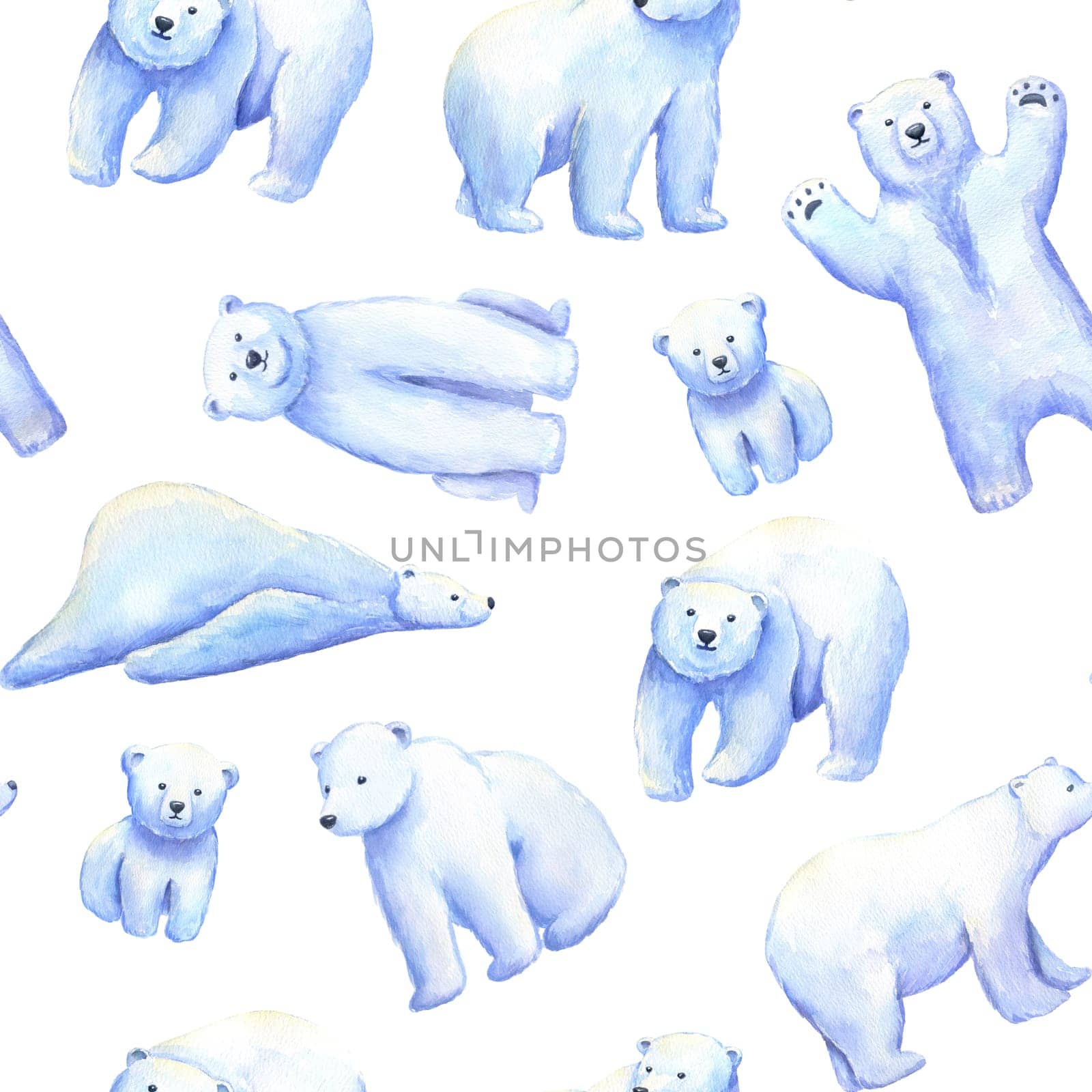 Polar white bear seamless pattern. Watercolor hand drawn illustrations on white. by ElenaPlatova