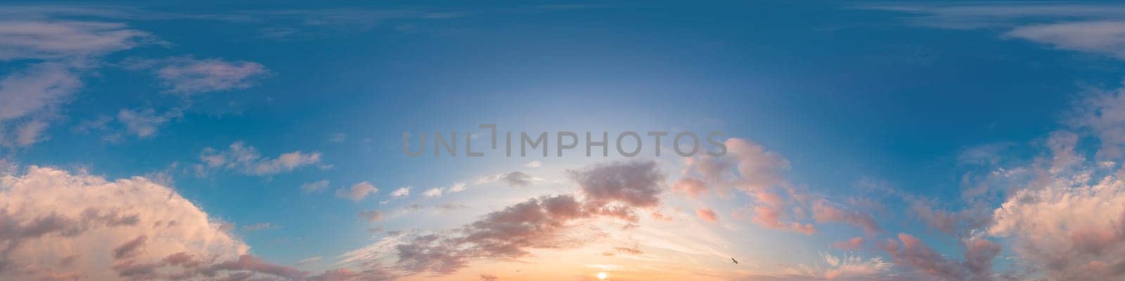 Dark blue sunset sky panorama with pink Cumulus clouds. Seamless hdr 360 pano in spherical equirectangular format. Full zenith for 3D visualization, game, sky replacement for aerial drone panoramas