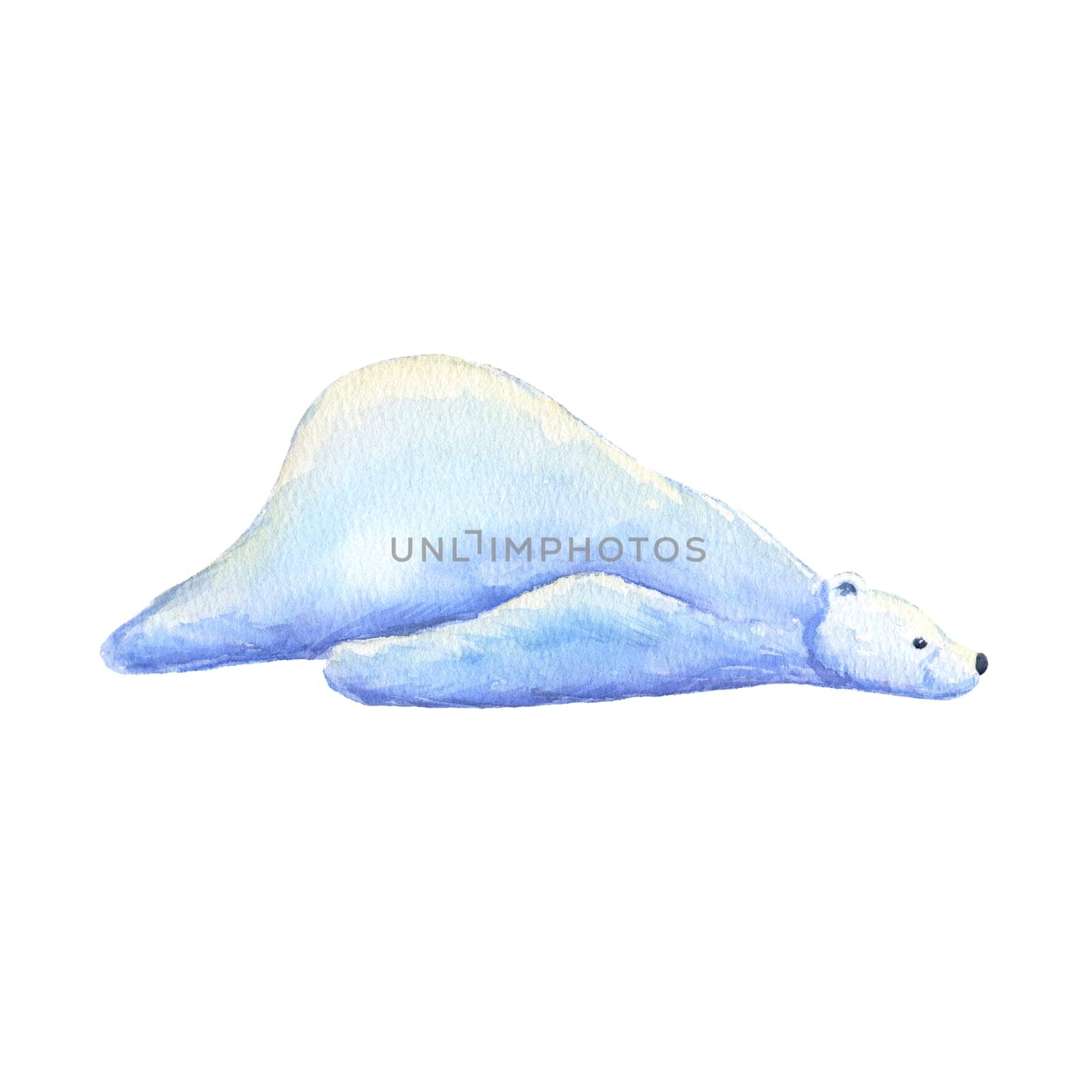 Funny polar bear is lying. Watercolor hand drawn illustration isolated on white. by ElenaPlatova