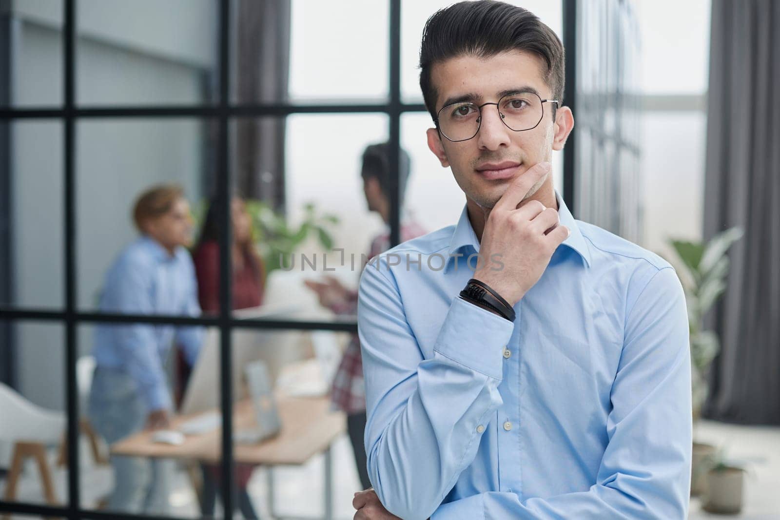 Pensive young Caucasian man distance thinking planning.