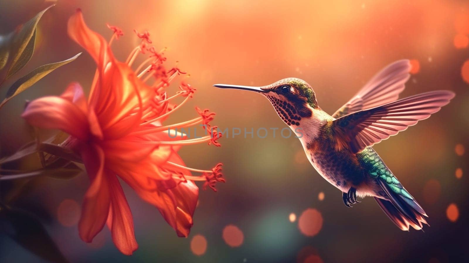 Hummingbird with bloom in forest. Colibri flying in the nature tropical flower. Ai Generative by lucia_fox