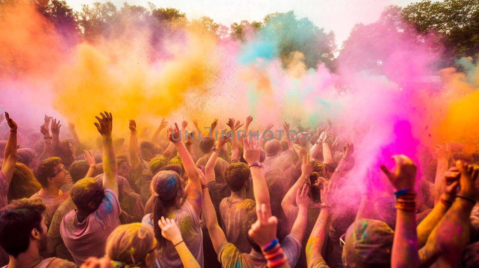 Crowd throwing bright coloured powder paint in the air, Holi Festival. Ai Generative.