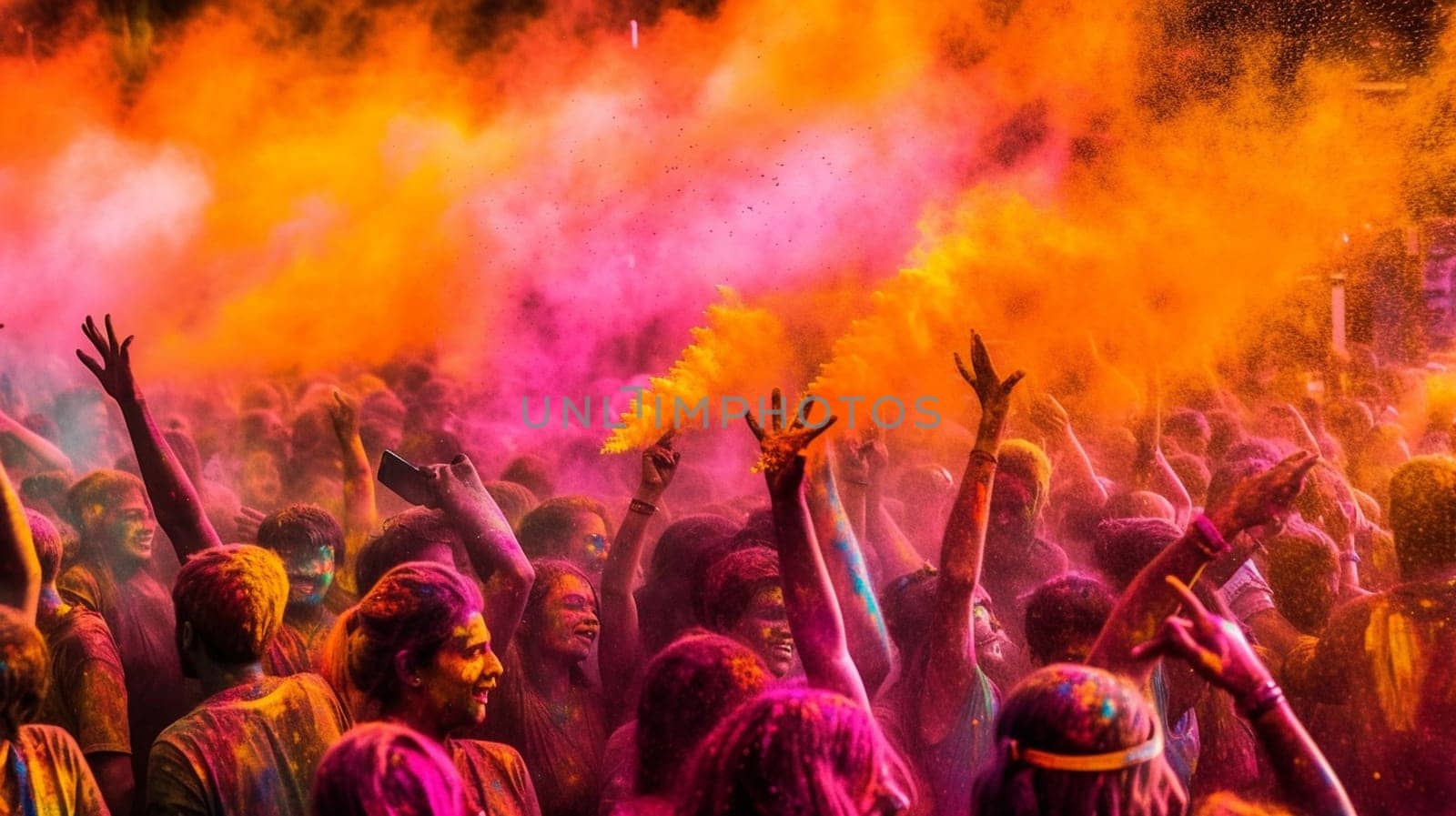 Crowd throwing bright coloured powder paint in the air, Holi Festival. Ai Generative by lucia_fox