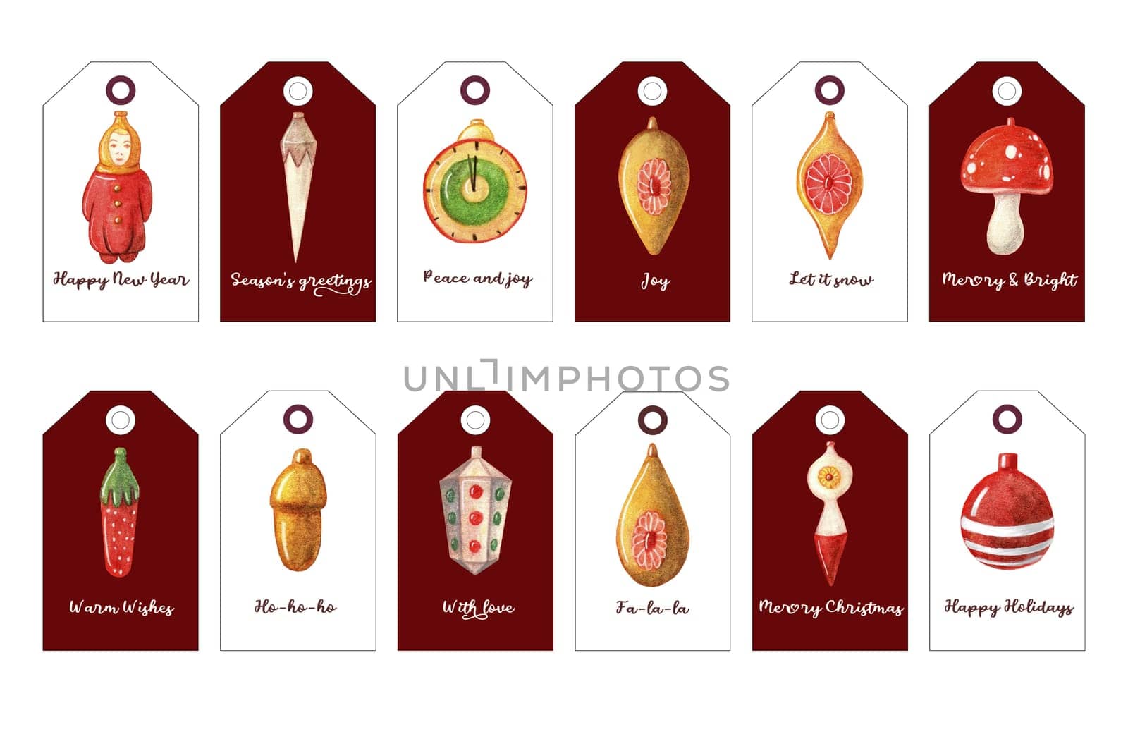 Christmas, New Year, Noel gift tags collection. Badges, labels printable template. Set of watercolor gift paper tags with hand drawn holidays graphic sketch elements