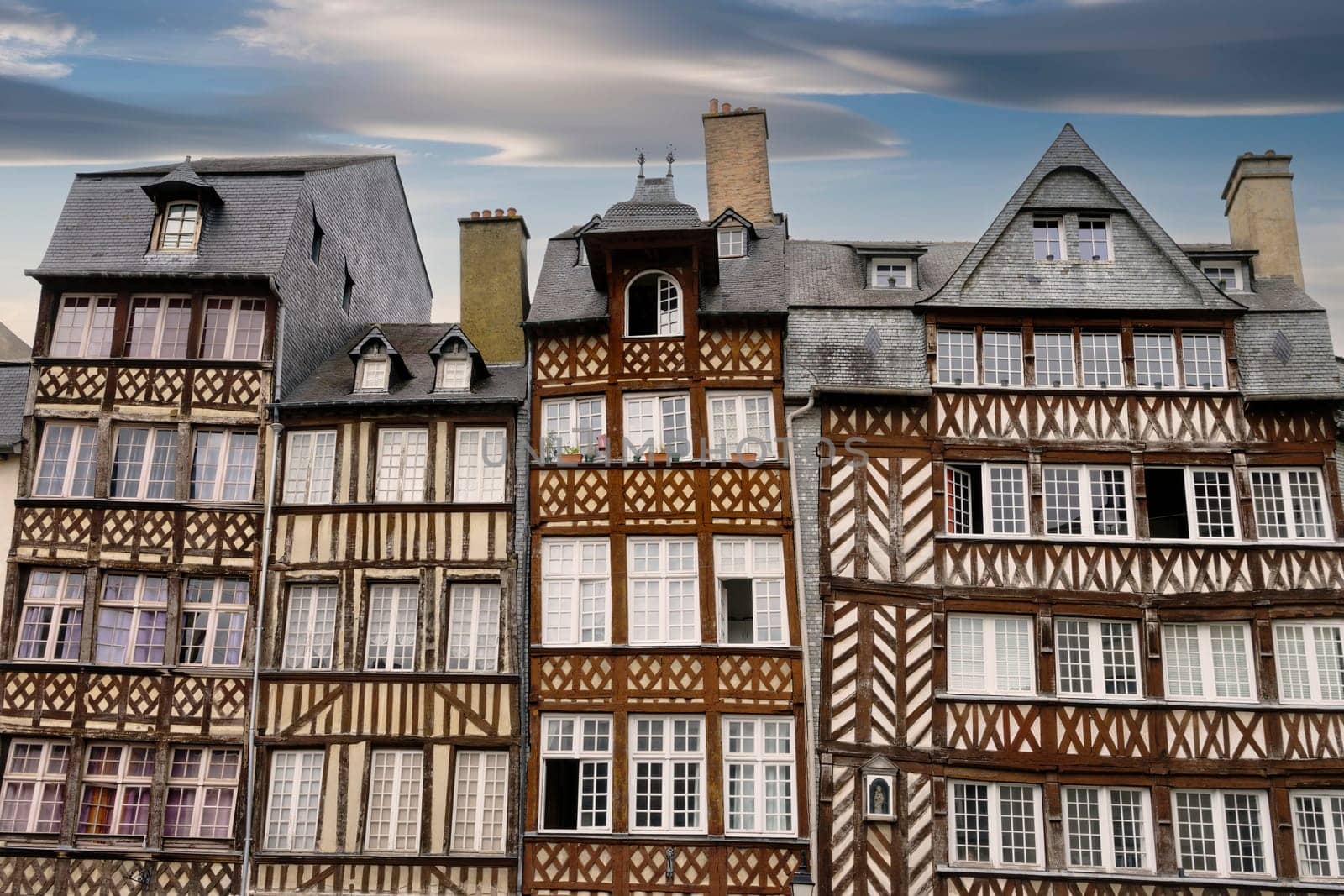 Medieval street with typical half-timbered houses in the French city of Rennes