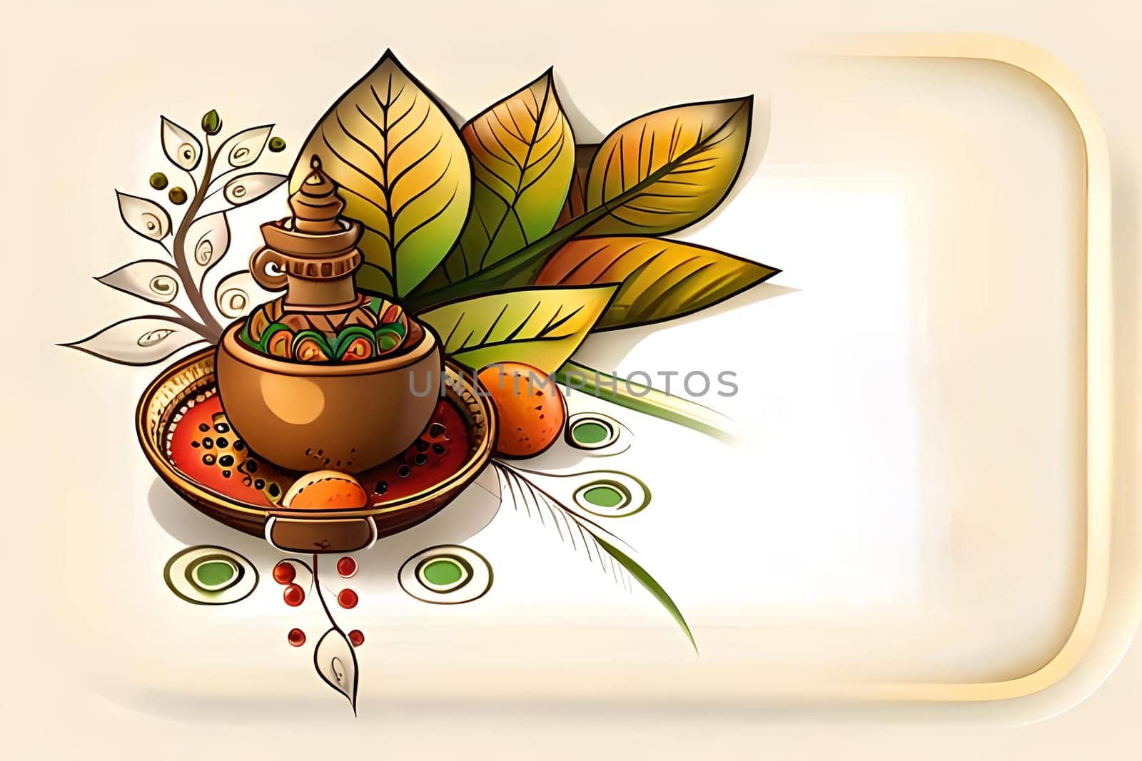 Happy ugadi greeting card background with kalash. Happy Ugadi holiday composition - Hindu New Year festival. Decorated Kalash with coconut, flowers, mango leaves and diya.