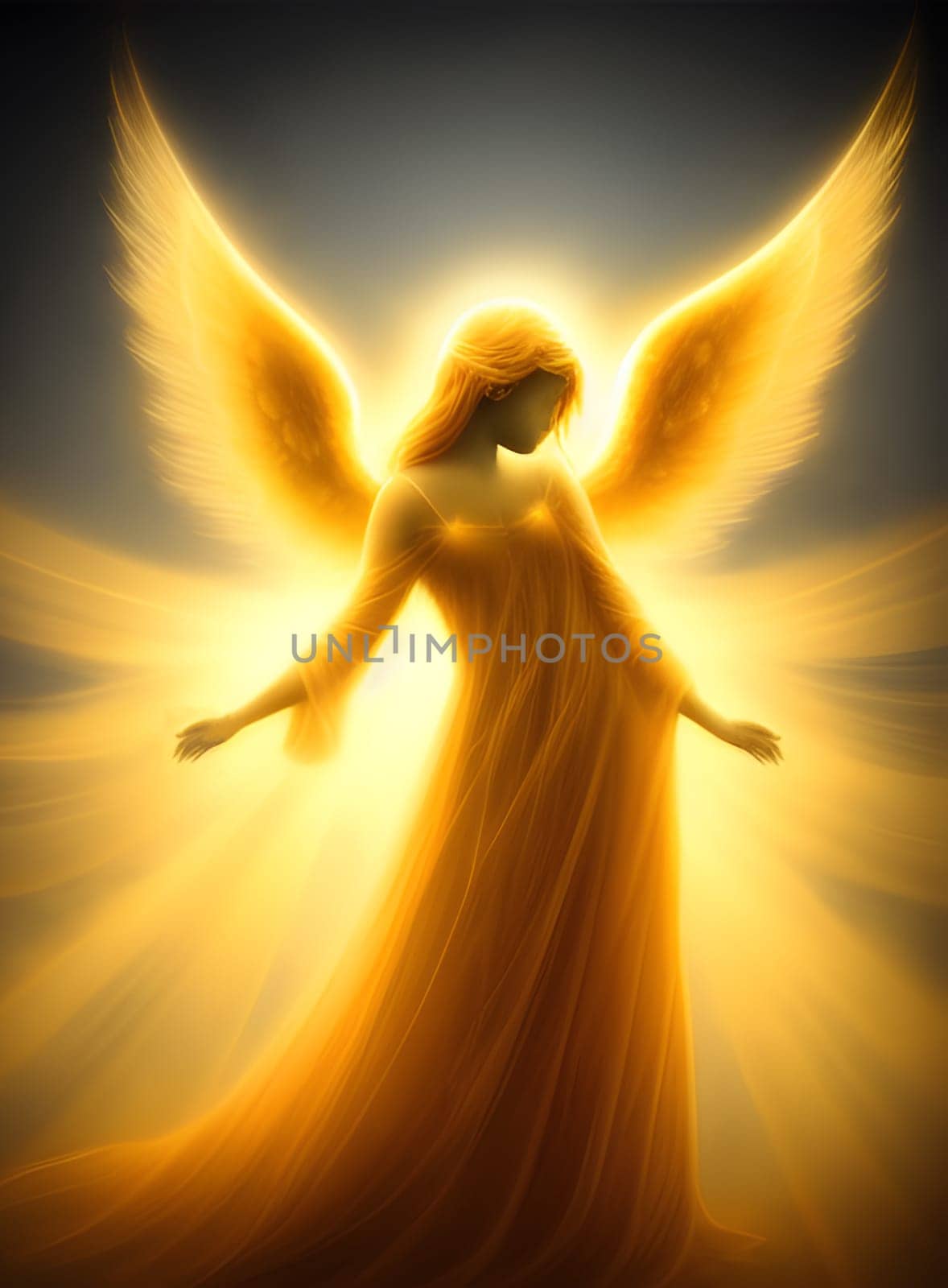 A shining golden angel against a dark background. Generative AI.