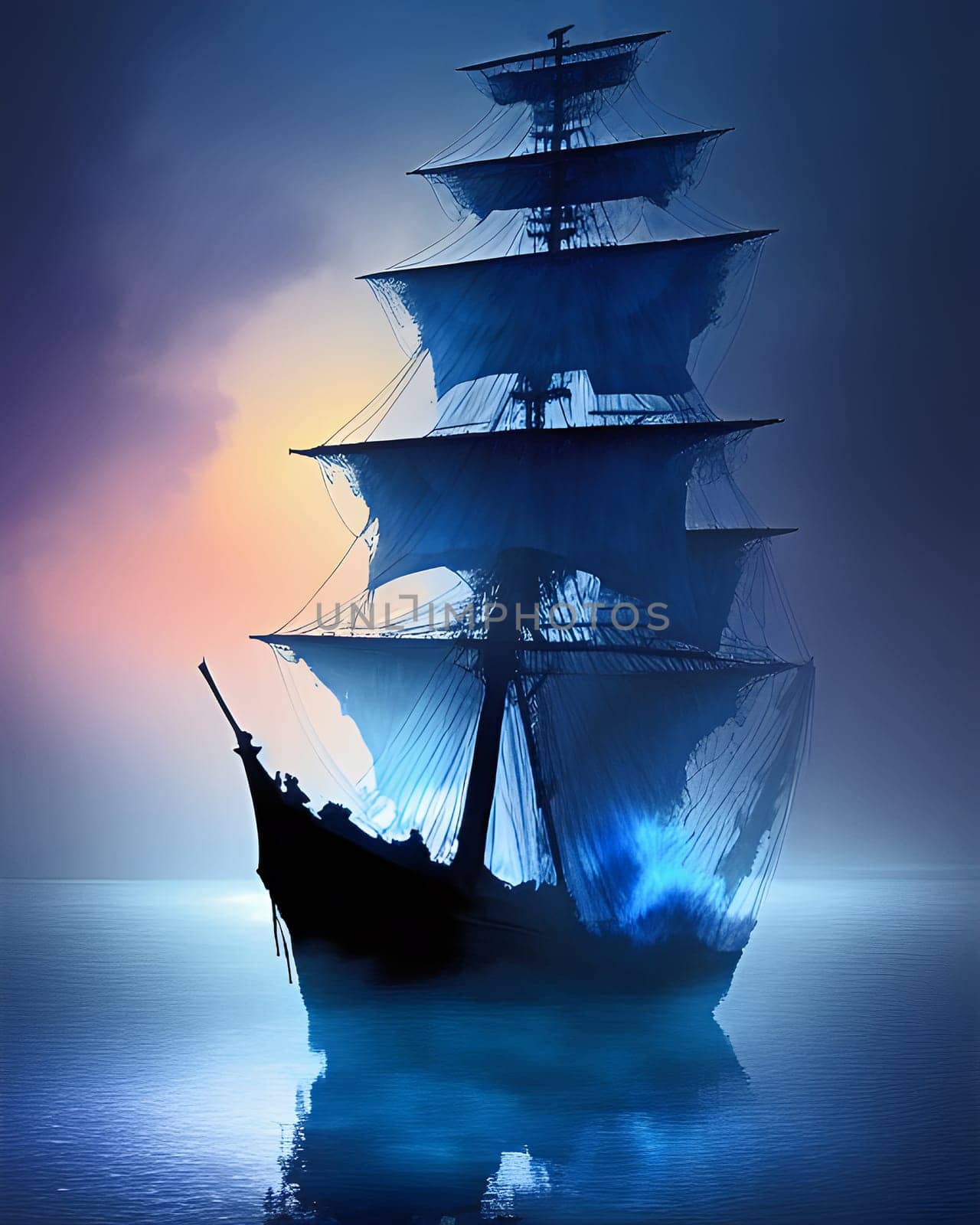 Ghost sailing ship with a multicolored sky  Generative AI.