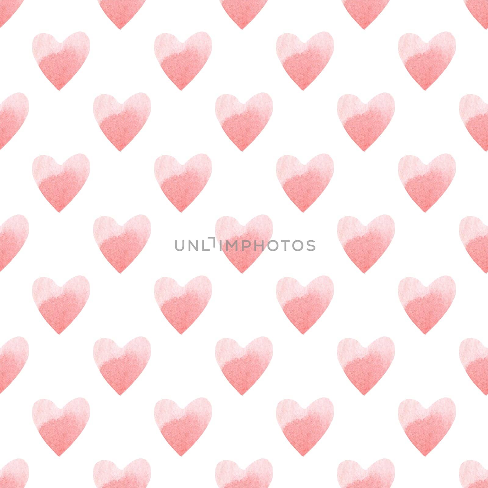 Seamless pattern with bright pink hand painted watercolor hearts. Romantic decorative background perfect for Valentine's day gift paper, wedding decor or fabric textile