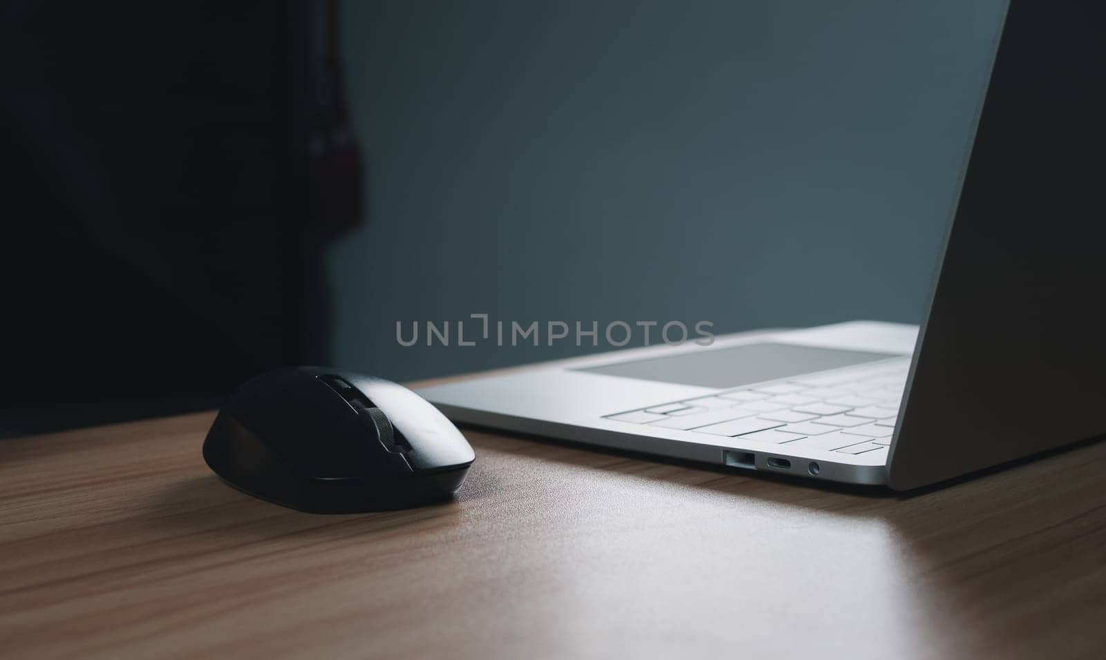 computer on wood table. business concept and communication technology.