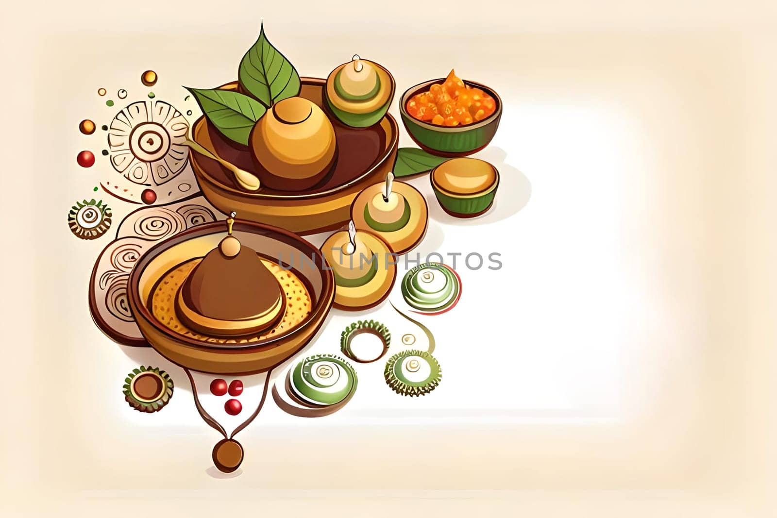 Happy ugadi greeting card background with kalash. Happy Ugadi holiday composition - Hindu New Year festival. Decorated Kalash with coconut, flowers, mango leaves and diya.