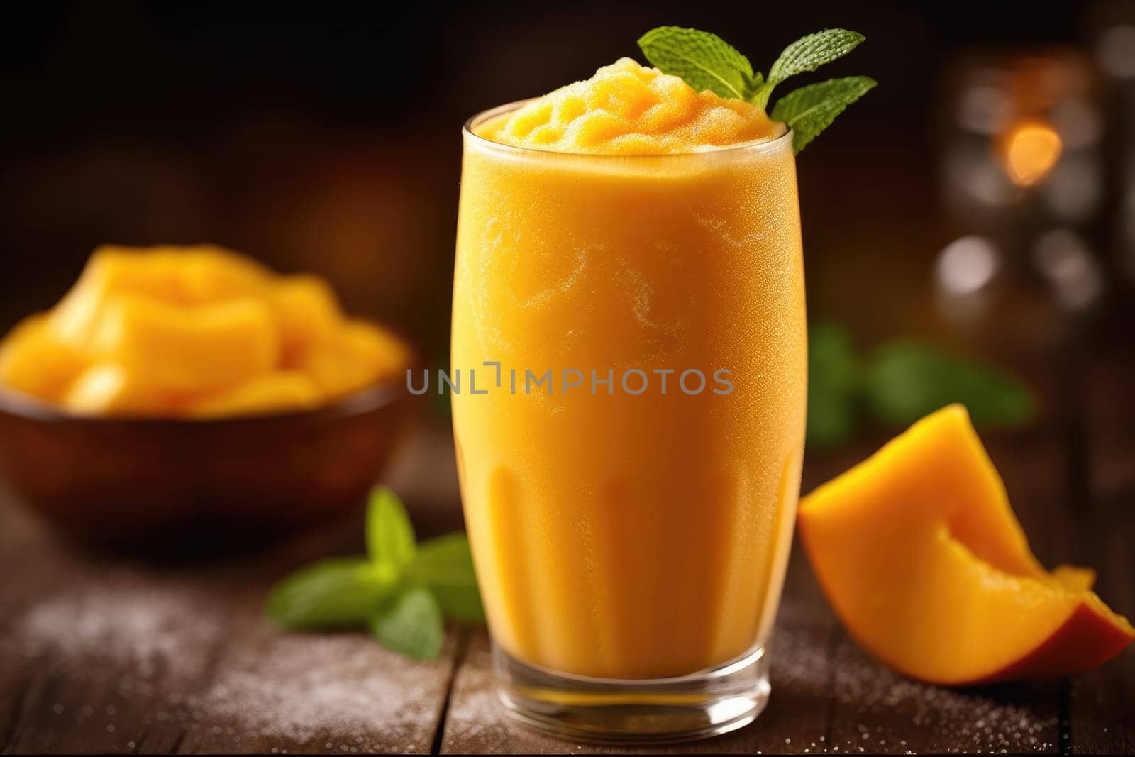 Summer refreshing mango and orange cocktail in tall glass, bar or restaurant background. AI Generative