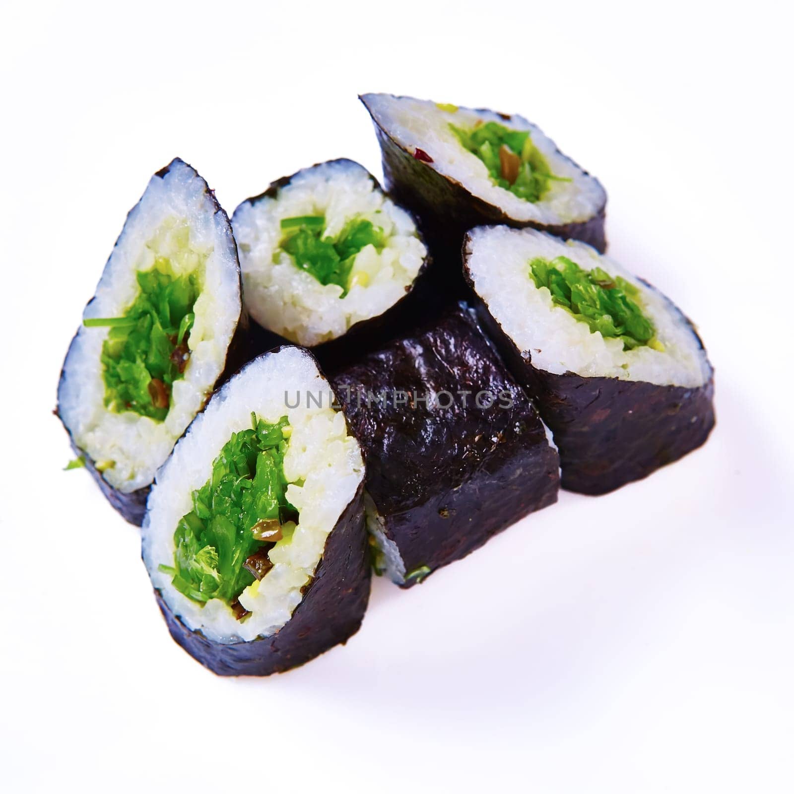 Sushi rolls with hiashi seaweed. Vegetarian maki rolls. Low calorie meal. Japanese food. Asian cuisine. White background. Close-up. Soft focus. by sarymsakov