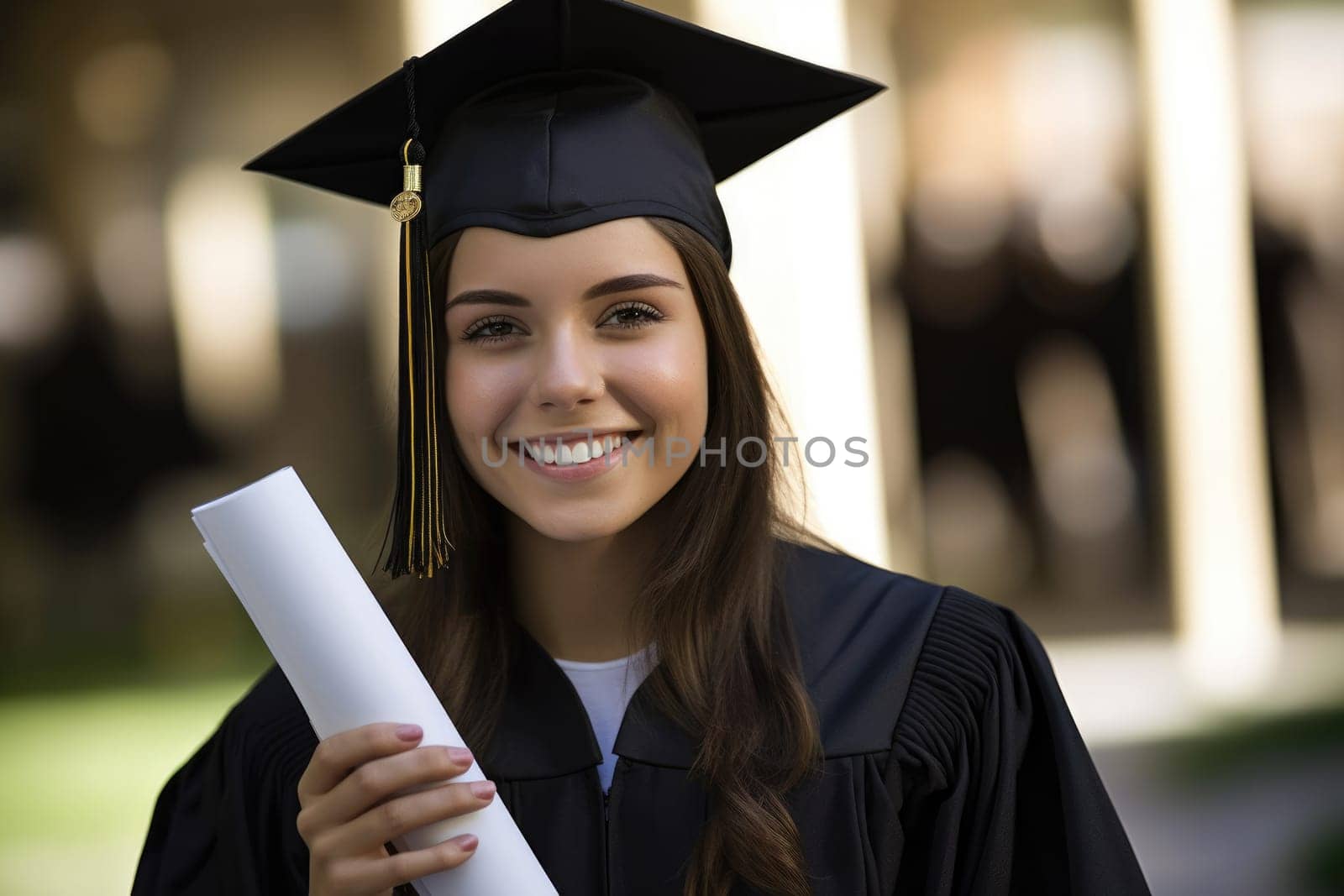 education, graduation and people concept . happy graduate student woman in mortarboard and bachelor gown with diploma. AI Generative