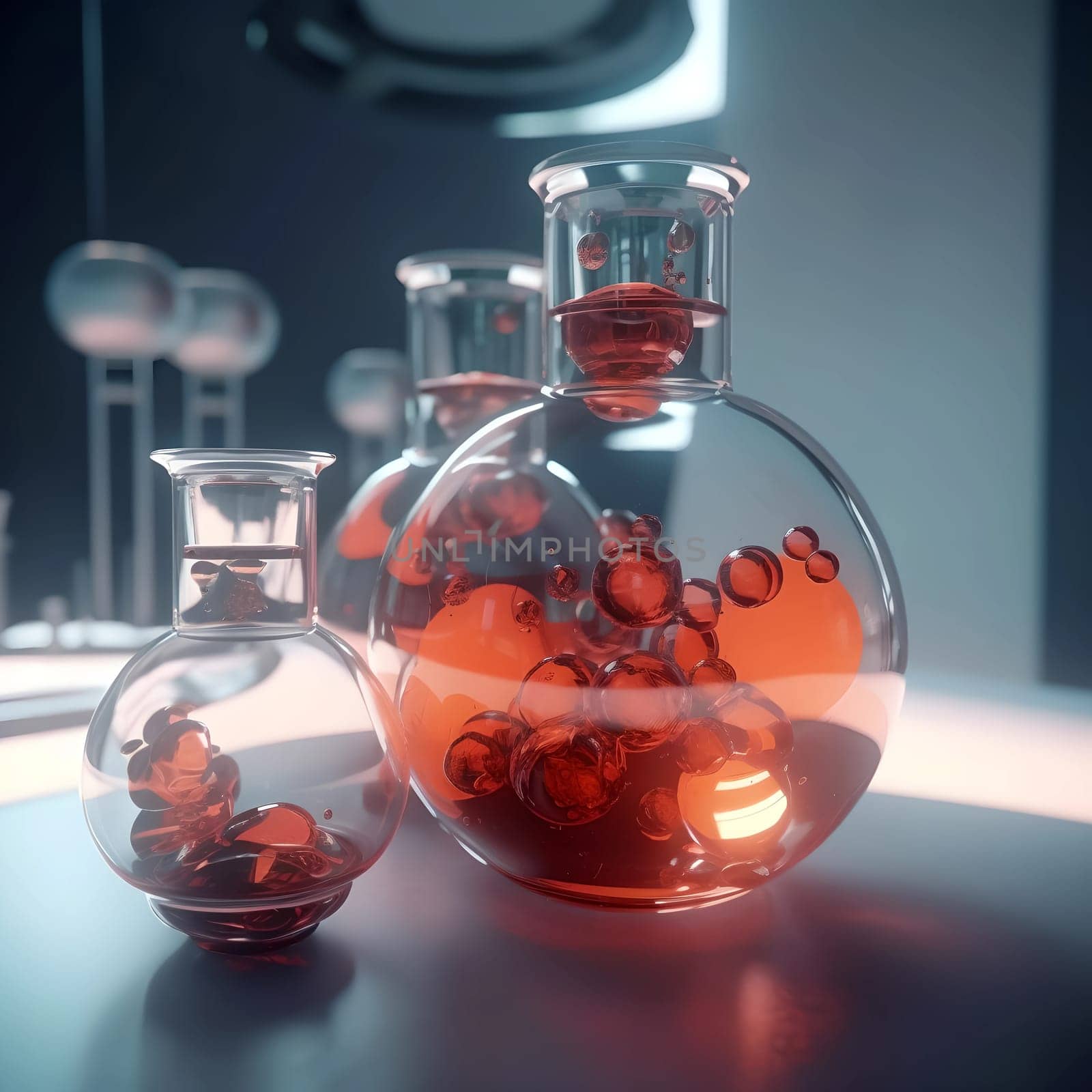 Laboratory of the future. Glass flasks with a red luminous substance